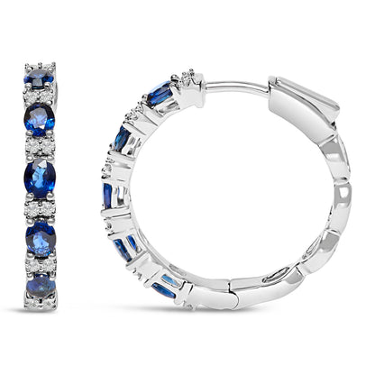 14K White Gold 4x3mm Oval Blue Sapphire and 1/4 Cttw Diamond Alternating Hoop Earring (I-J Color, SI2-I1 Clarity) by Bids.com