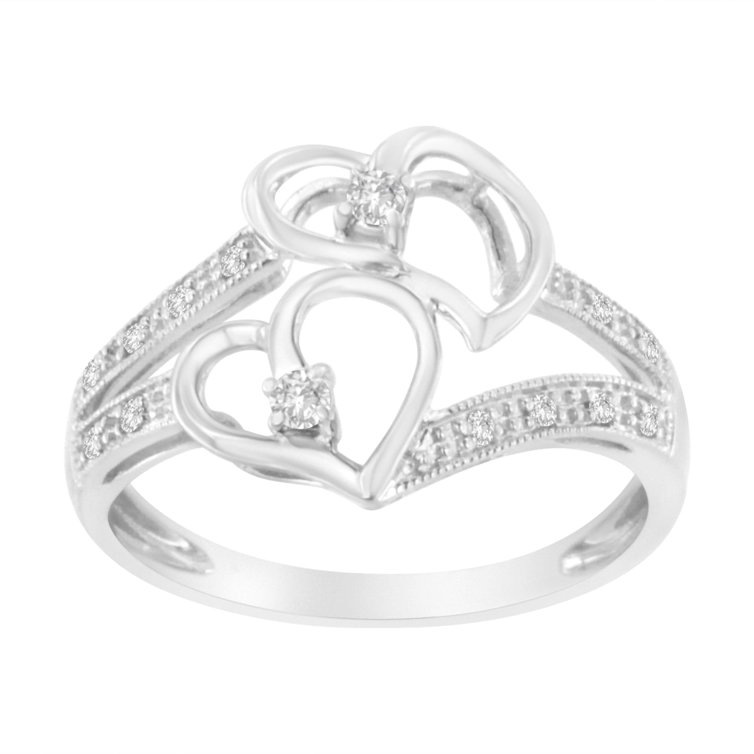 14KT White Gold 1/10 cttw Diamond Twin Heart Ring - Size 6.5 by Bids.com