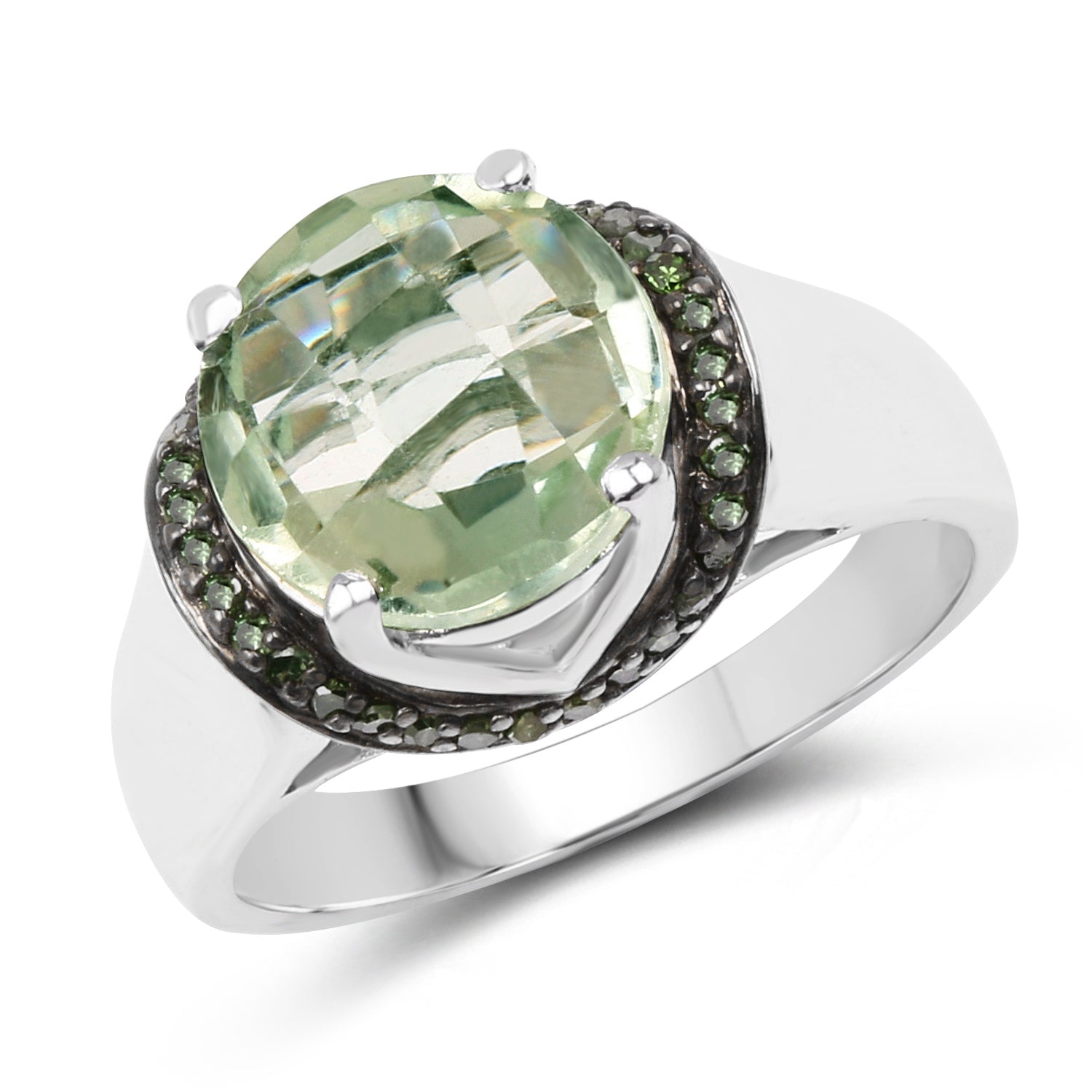 3.95 Carat Genuine Green Amethyst and Green Diamond .925 Sterling Silver Ring by Bids.com