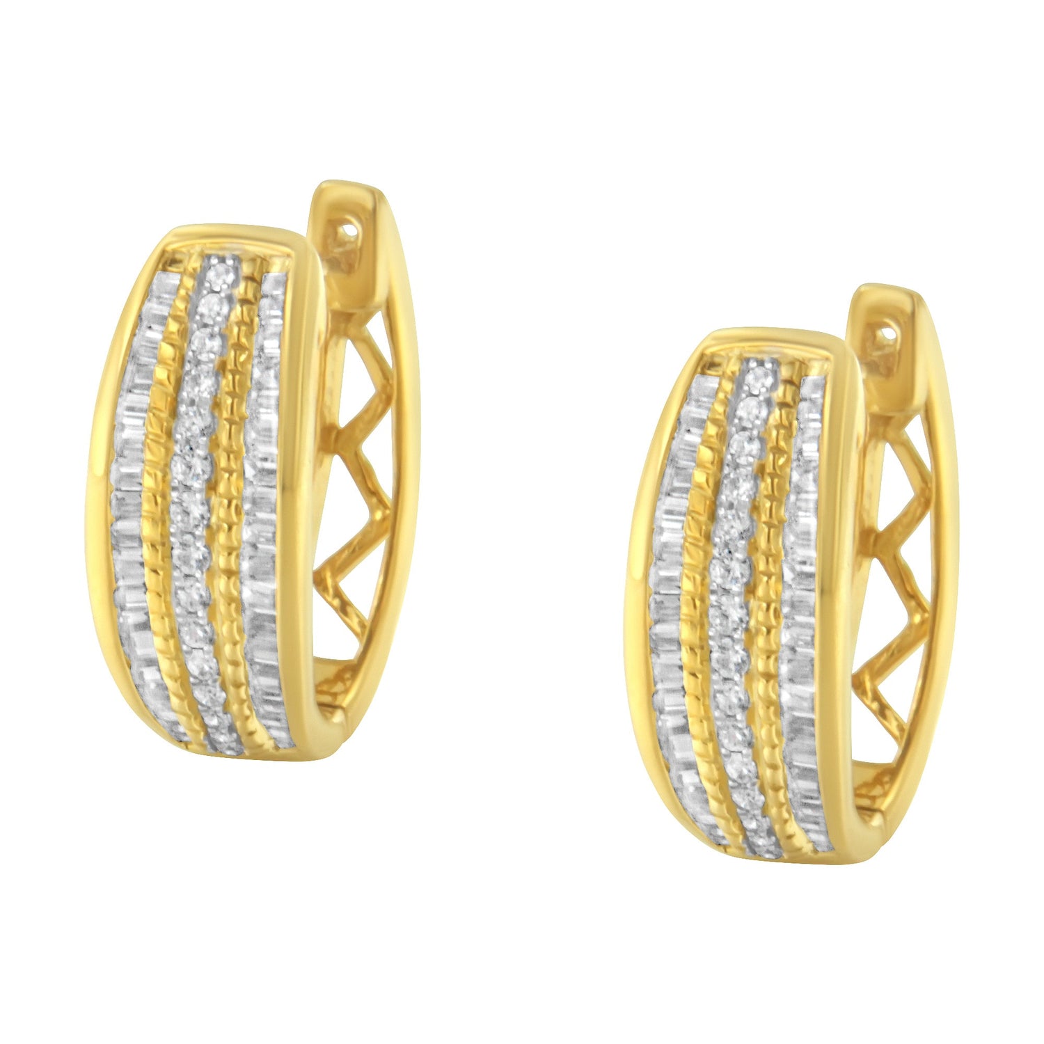 10K Yellow Gold 3/4 Cttw Pave and Channel Set Diamond Triple Row Modern Hoop Earrings (I-J Color, I2-I3 Clarity) by Bids.com