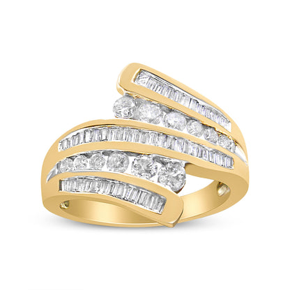 10K Yellow Gold 1 Cttw Round and Baguette-Cut Diamond Multi Row Bypass Ring Band (H-I Color, I1-I2 Clarity) - Ring Size 7 by Bids.com