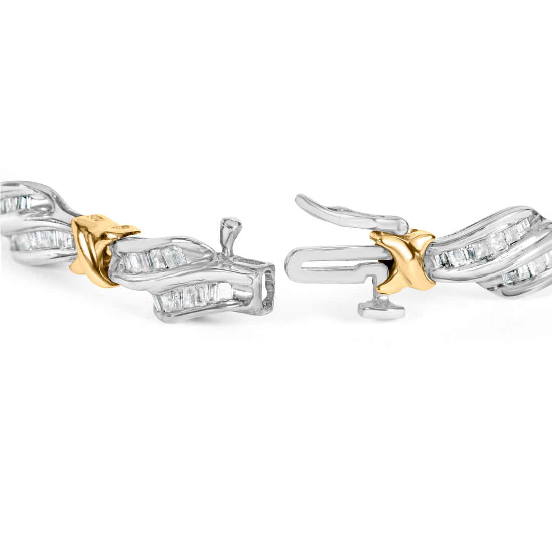 10k Two-Toned Gold 2.00 Cttw Channel Set Baguette-Diamond Weave and "X" Spiral Link Bracelet (H-I Color, I1-I2 Clarity) - 7" by Bids.com