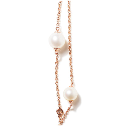 18K Rose Gold 1/2 Cttw Diamond and Freshwater Pearl Double Strand Station Necklace (G-H Color, SI1-SI2 Clarity) - Adjustable up to 16" to 20" by Bids.com