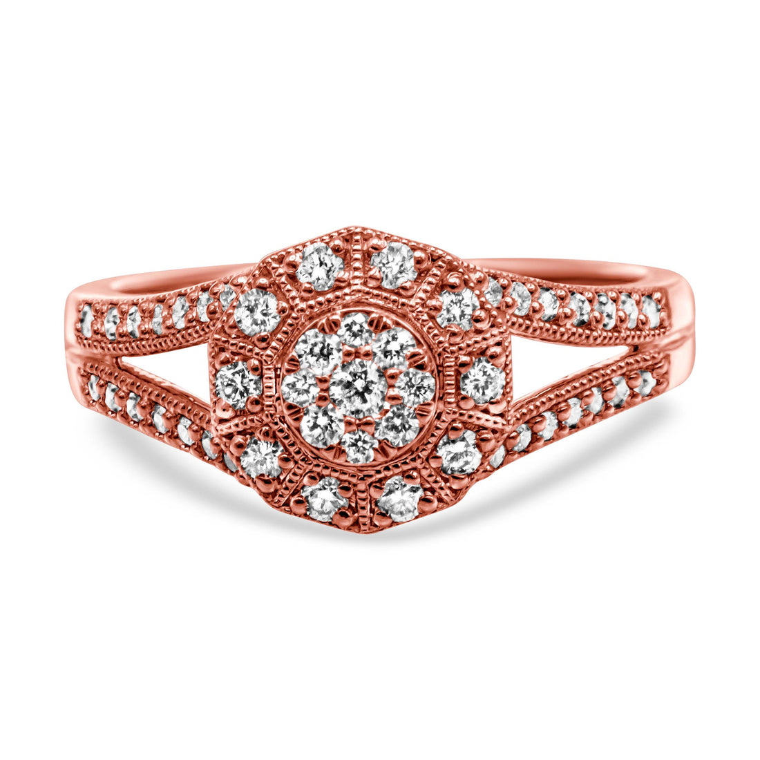 14K Rose Gold Plated .925 Sterling Silver 1/2 Cttw Pave Diamond Halo Cluster Split Shank Cocktail Ring (I-J Color, I1-I2 Clarity) - Size 6 by Bids.com