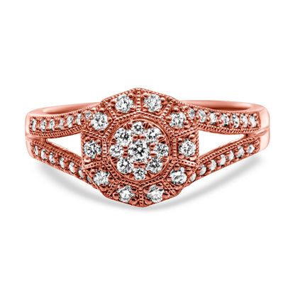 14K Rose Gold Plated .925 Sterling Silver 1/2 Cttw Pave Diamond Halo Cluster Split Shank Cocktail Ring (I-J Color, I1-I2 Clarity) - Size 6 by Bids.com