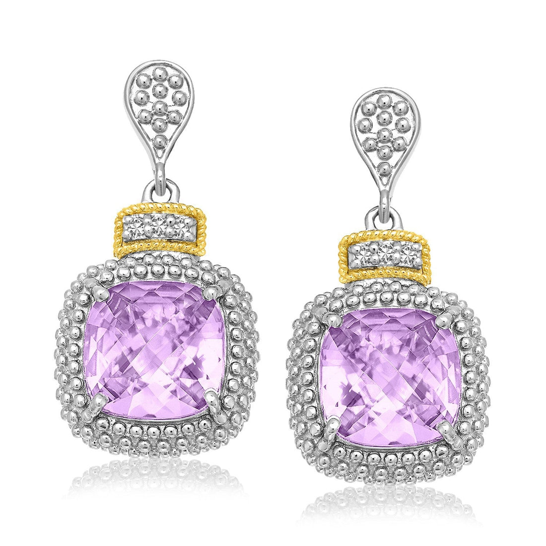 18k Yellow Gold &amp; Sterling Silver Cushion Amethyst &amp; Diamond Earrings (.05cttw) by Bids.com