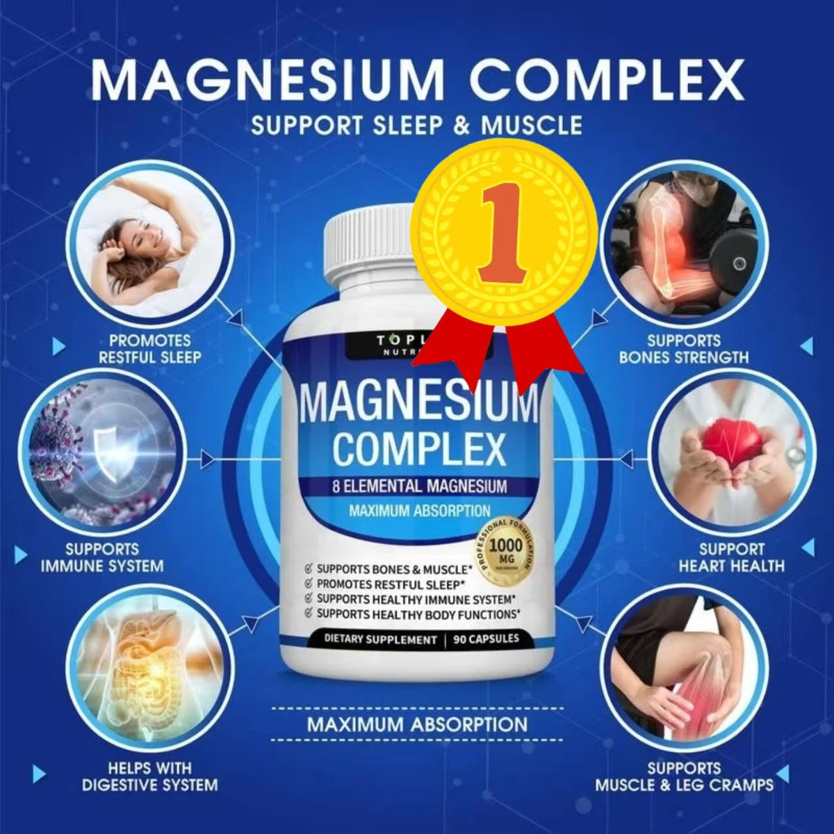 Magnesium Complex Supplement 8 Elemental 1000mg - Magnesium Glycinate, Citrate, Malate, Taurate, Chelated for Easy Absorption for Bones, Muscle, Recovery, Energy, Vegan Non-GMO 90 Capsules  DestGlow