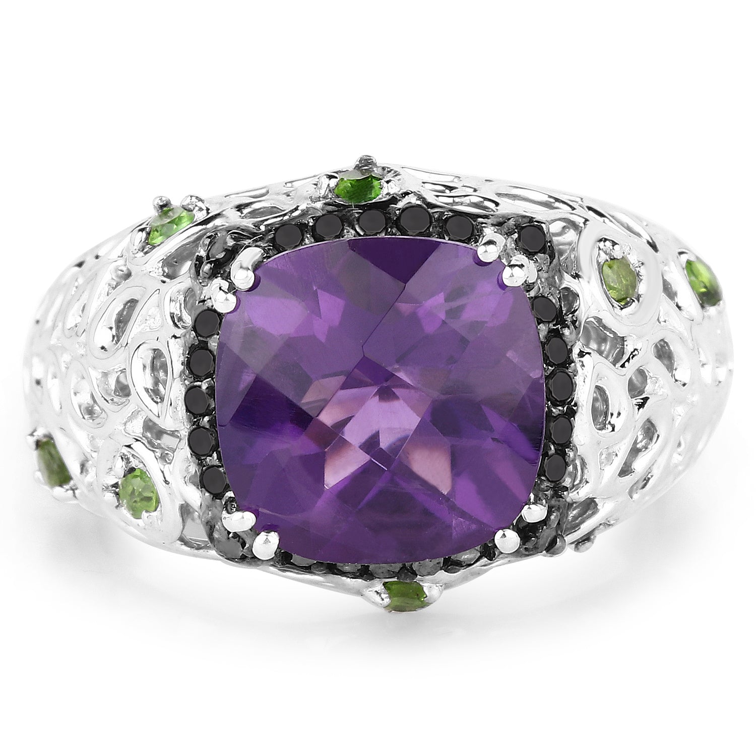 3.27 Carat Genuine Amethyst, Chrome Diopside &amp; Black Diamond .925 Sterling Silver Ring by Bids.com