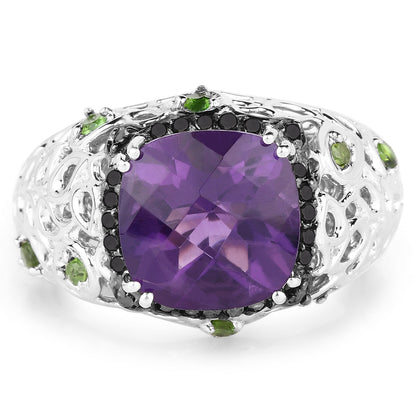 3.27 Carat Genuine Amethyst, Chrome Diopside &amp; Black Diamond .925 Sterling Silver Ring by Bids.com