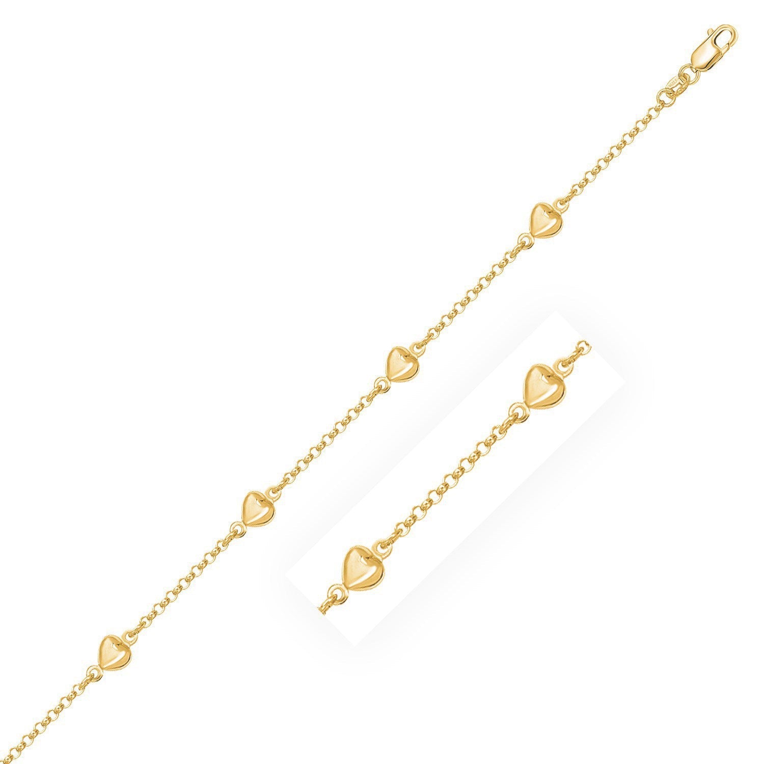 14k Yellow Gold Rolo Chain Bracelet with Puffed Heart Stations by Bids.com