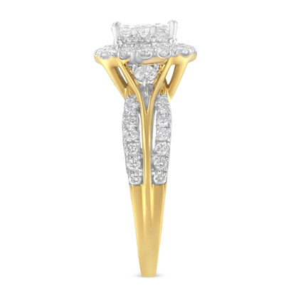 10K Yellow Gold 1.0 Cttw Diamond Composite Cushion-Shape Halo 3-Band-Look Engagement Ring (H-I Color, SI1-SI2 Clarity) - Size 6-1/4 by Bids.com