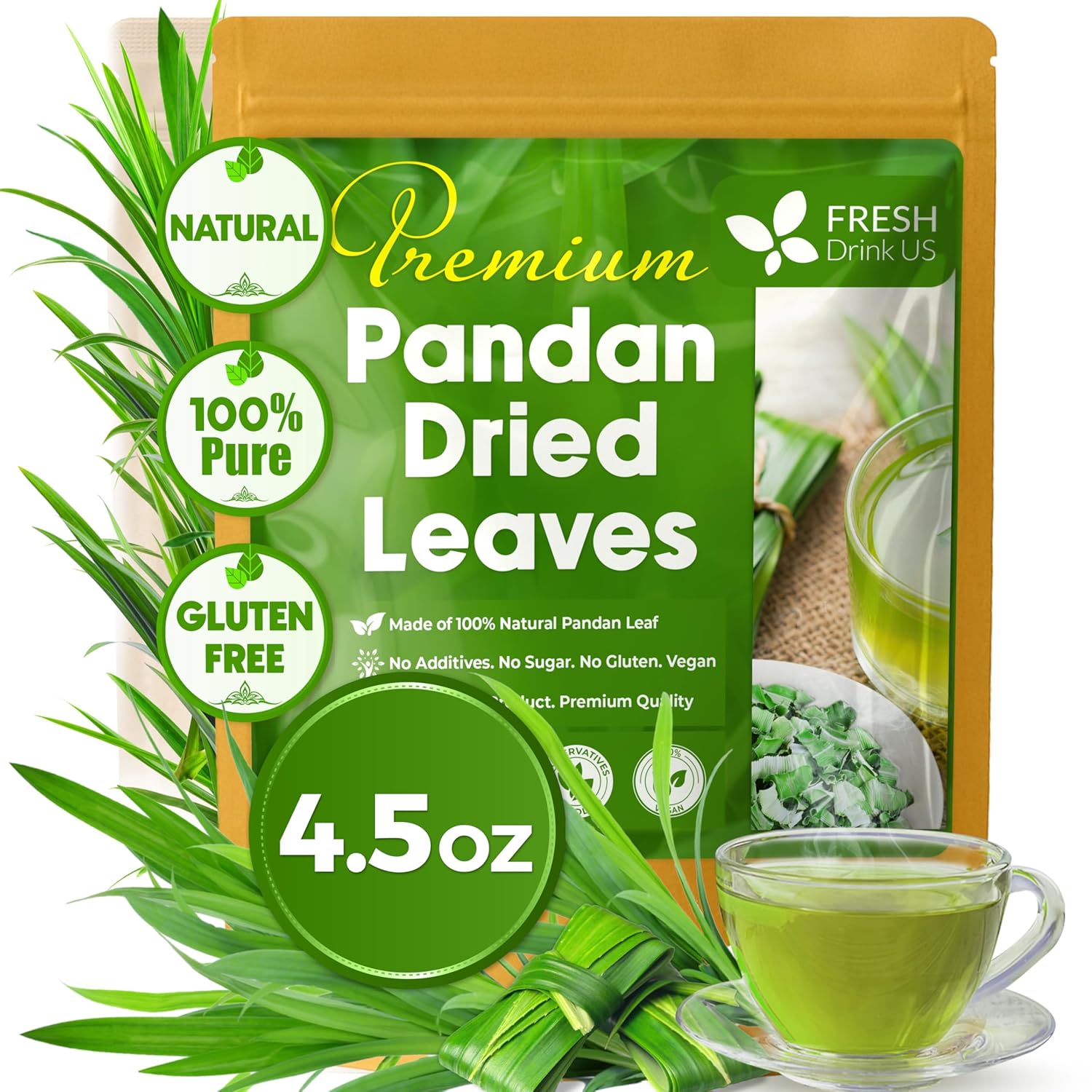 Natural Pandan Leaves Dried, Pandan Leaf Powder, 100% Pure Dried Pandan Leaves, Pandan Leaf Tea, No Additives, No Caffeine, Vegan by FreshDrinkUS - Natural and Premium Herbal Tea