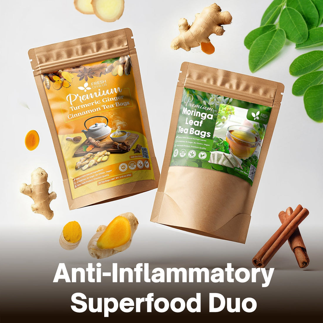 FreshDrinkUS Anti-Inflammatory Superfood Duo, Turmeric Ginger Cinnamon &amp; Moringa Leaf Herbal Tea Bags, 100% Natural &amp; Pure Roots and Leaves, Eco-Conscious Tea Bags, No Sugar, No Caffeine, No Gluten, Vegan – Herbal Beverage by FreshDrinkUS - Natural and Premium Herbal Tea