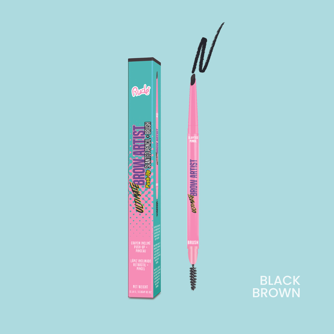 RUDE Ultimate Brow Artist Push-Up Slanted Pencil & Brush - Black Brown - DestGlow