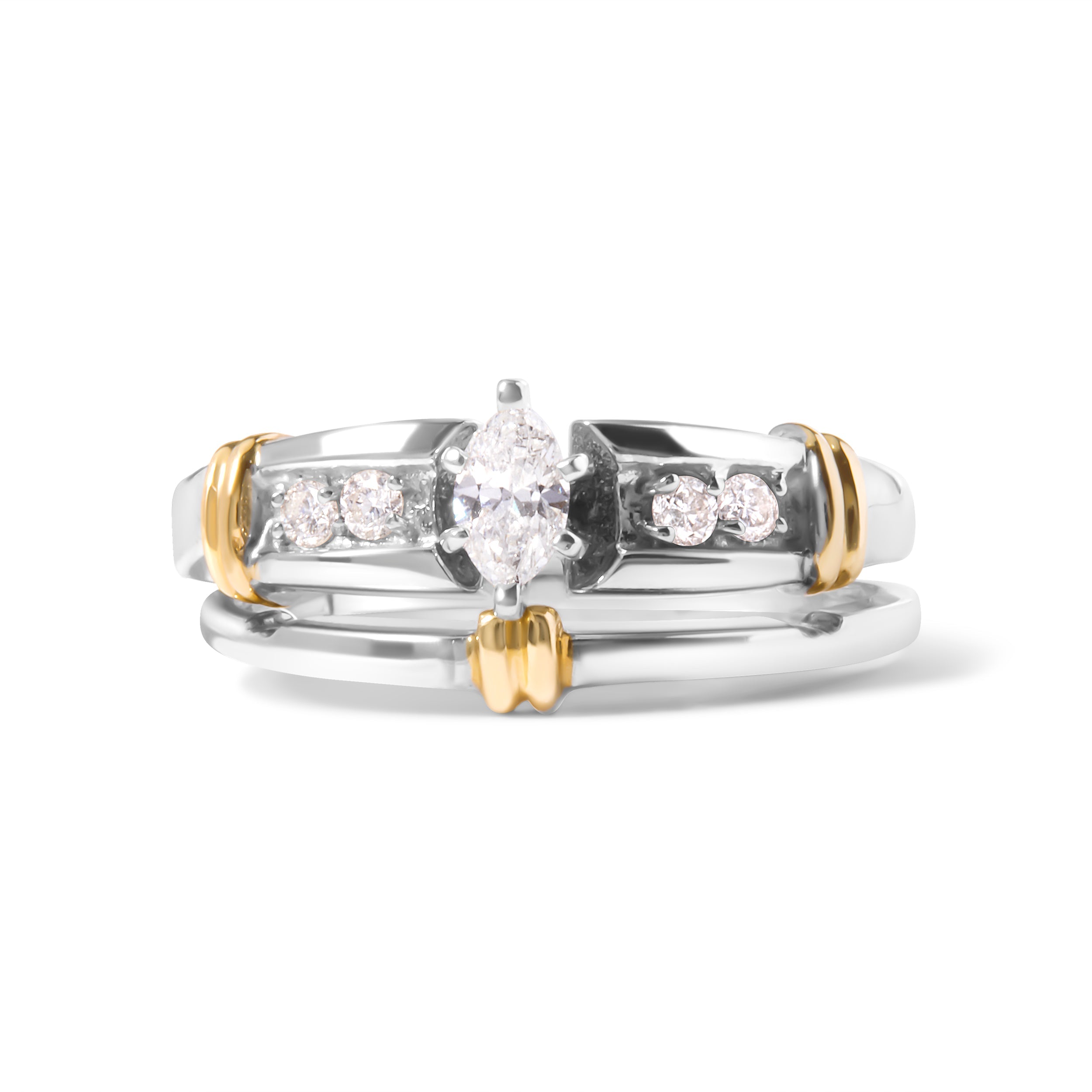 14K Yellow and White Gold 1/3 Cttw Marquise Diamond Cocktail Engagement Ring Set (H-I Color, SI1-SI2 Clarity) - Size 7 by Bids.com