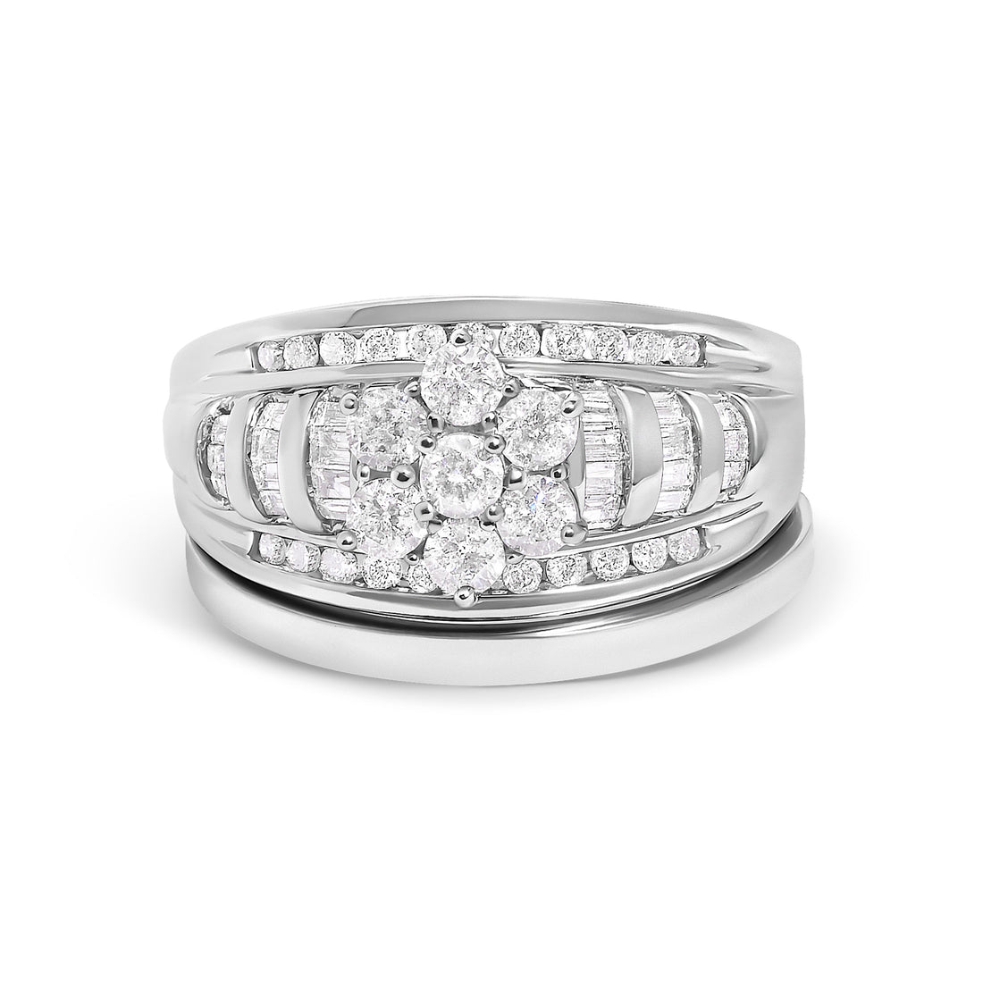 14K White Gold 1.0 Cttw Round and Baguette Diamond Cluster Bridal Set  DestGlow