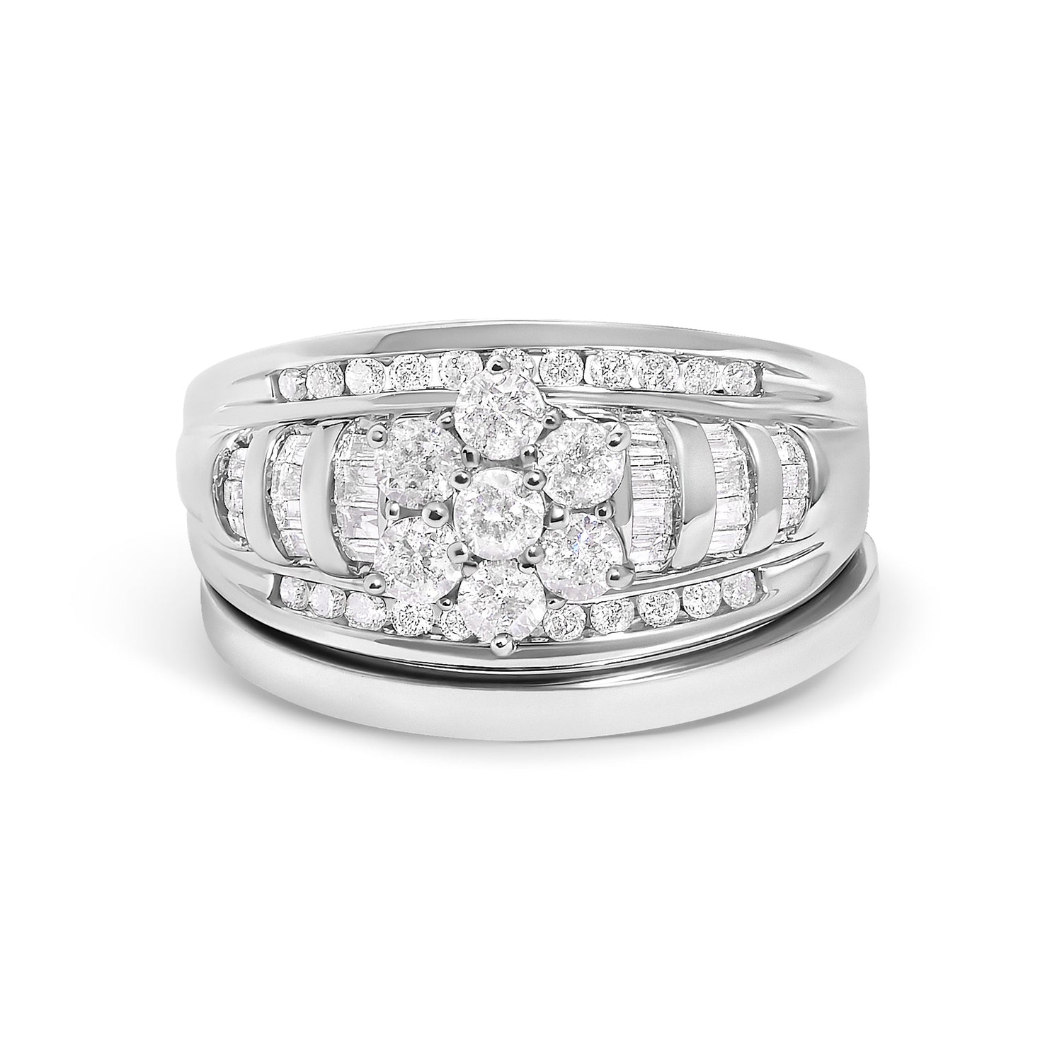 14K White Gold 1.0 Cttw Round and Baguette Diamond Cluster Bridal Set  DestGlow
