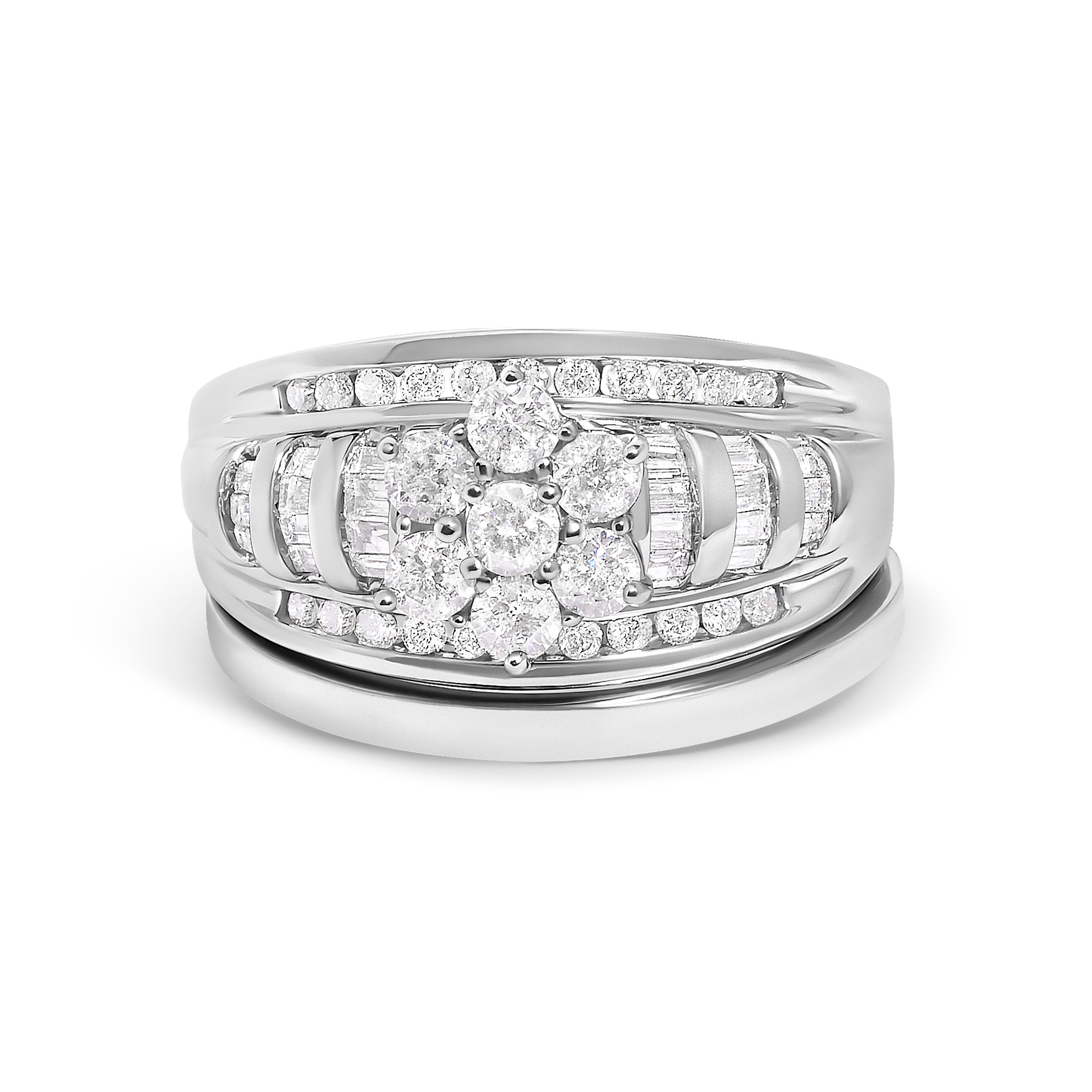 14K White Gold 1.0 Cttw Round and Baguette Diamond Cluster Bridal Set  DestGlow