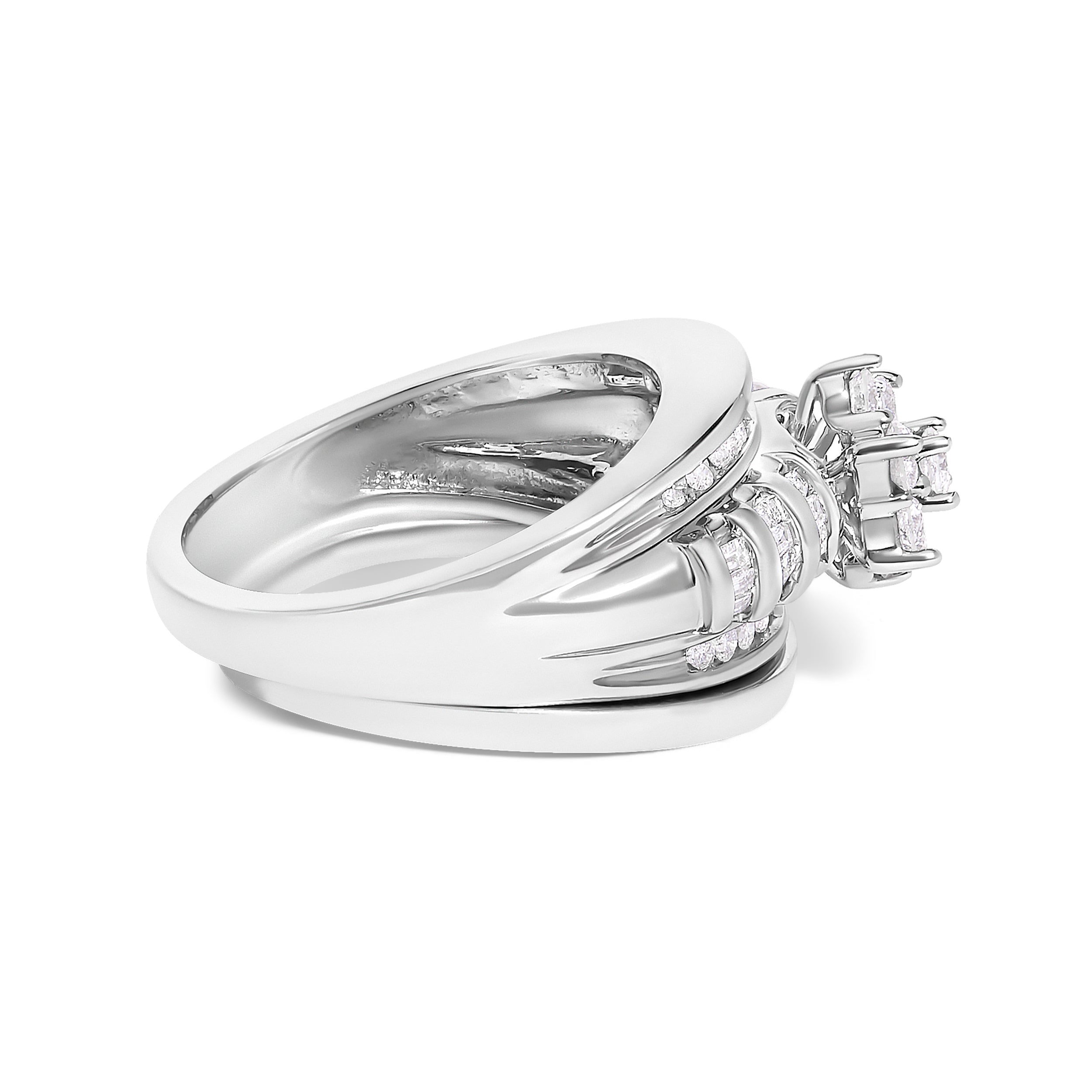 14K White Gold 1.0 Cttw Round and Baguette Diamond Cluster Bridal Set  DestGlow