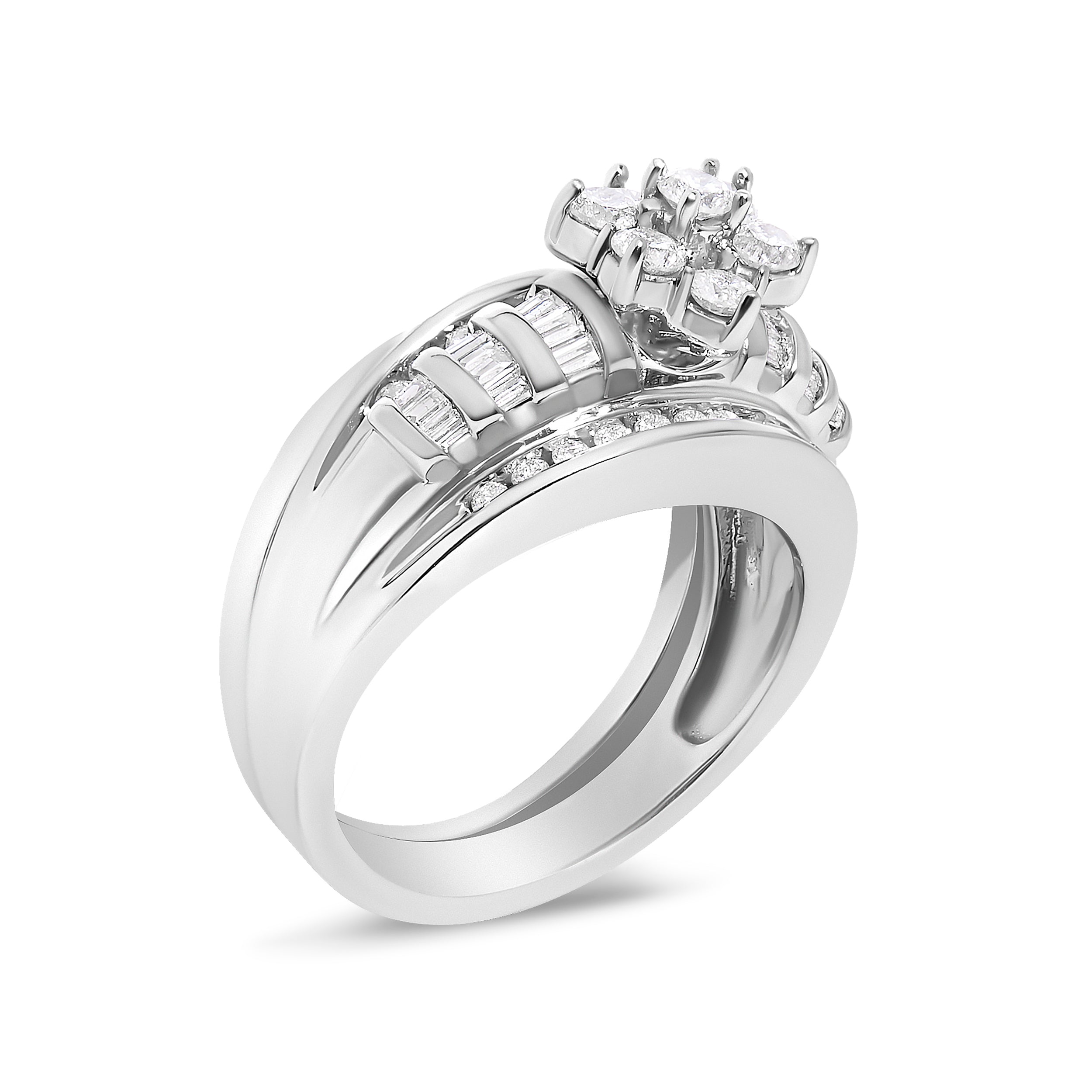 14K White Gold 1.0 Cttw Round and Baguette Diamond Cluster Bridal Set  DestGlow
