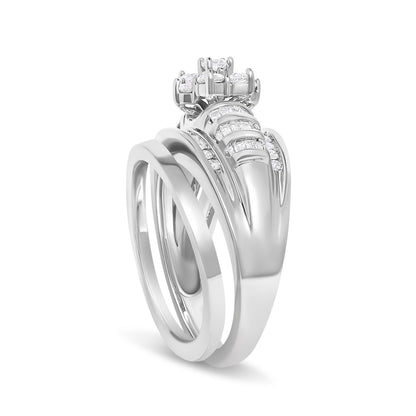 14K White Gold 1.0 Cttw Round and Baguette Diamond Cluster Bridal Set  DestGlow