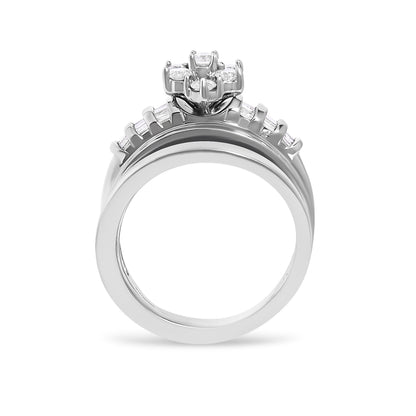 14K White Gold 1.0 Cttw Round and Baguette Diamond Cluster Bridal Set  DestGlow