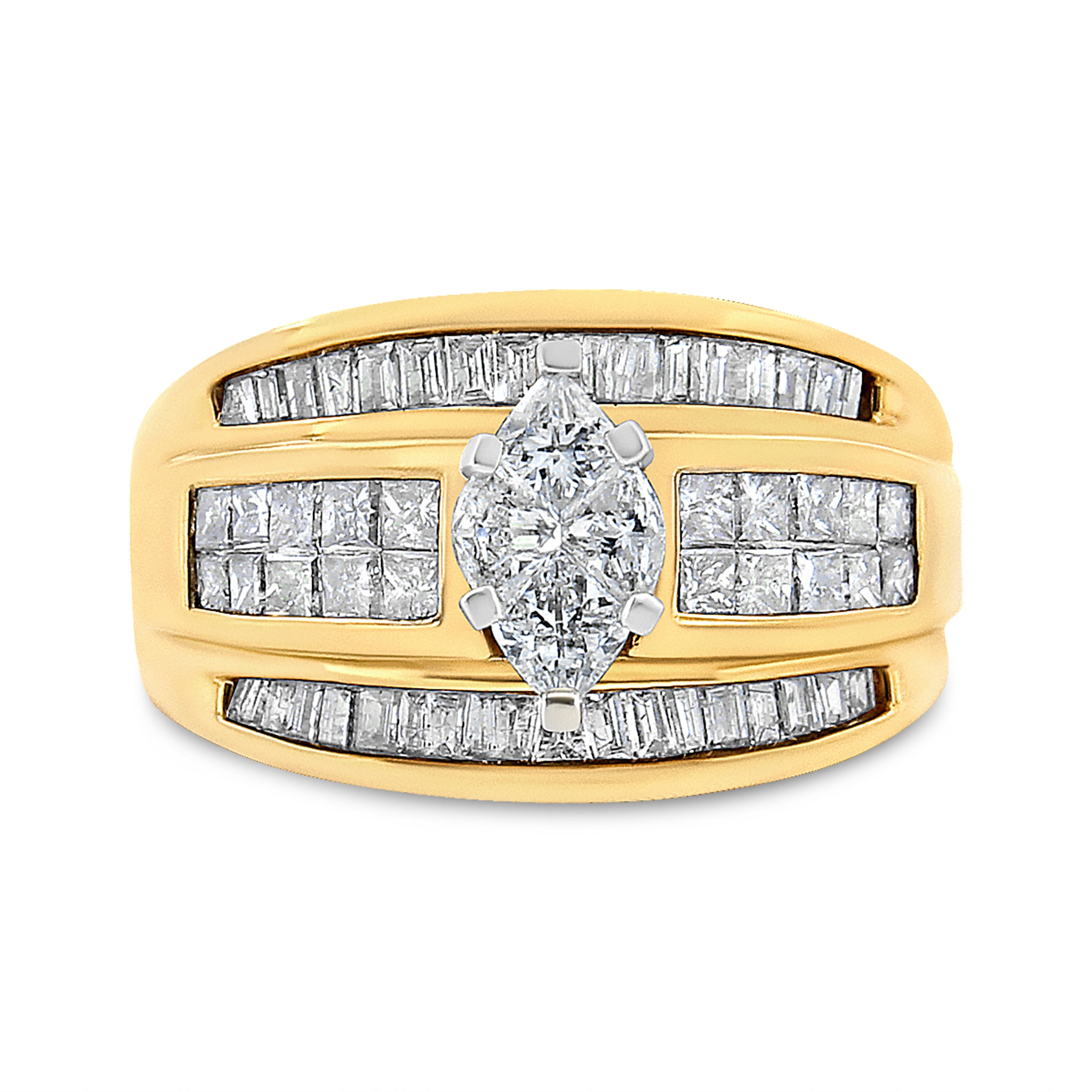 14K Yellow Gold 1 1/2 Cttw Pie, Princess and Baguette-cut Diamond Marquise Shaped Engagement Cocktail Ring Band (H-I Color, I1-I2 Clarity) - Ring Size 7  DestGlow