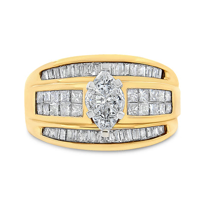 14K Yellow Gold 1 1/2 Cttw Pie, Princess and Baguette-cut Diamond Marquise Shaped Engagement Cocktail Ring Band (H-I Color, I1-I2 Clarity) - Ring Size 7  DestGlow