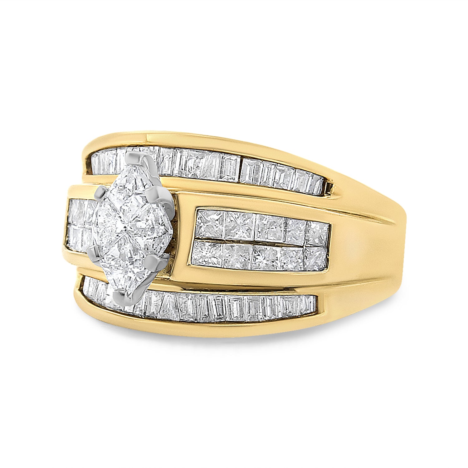 14K Yellow Gold 1 1/2 Cttw Pie, Princess and Baguette-cut Diamond Marquise Shaped Engagement Cocktail Ring Band (H-I Color, I1-I2 Clarity) - Ring Size 7  DestGlow
