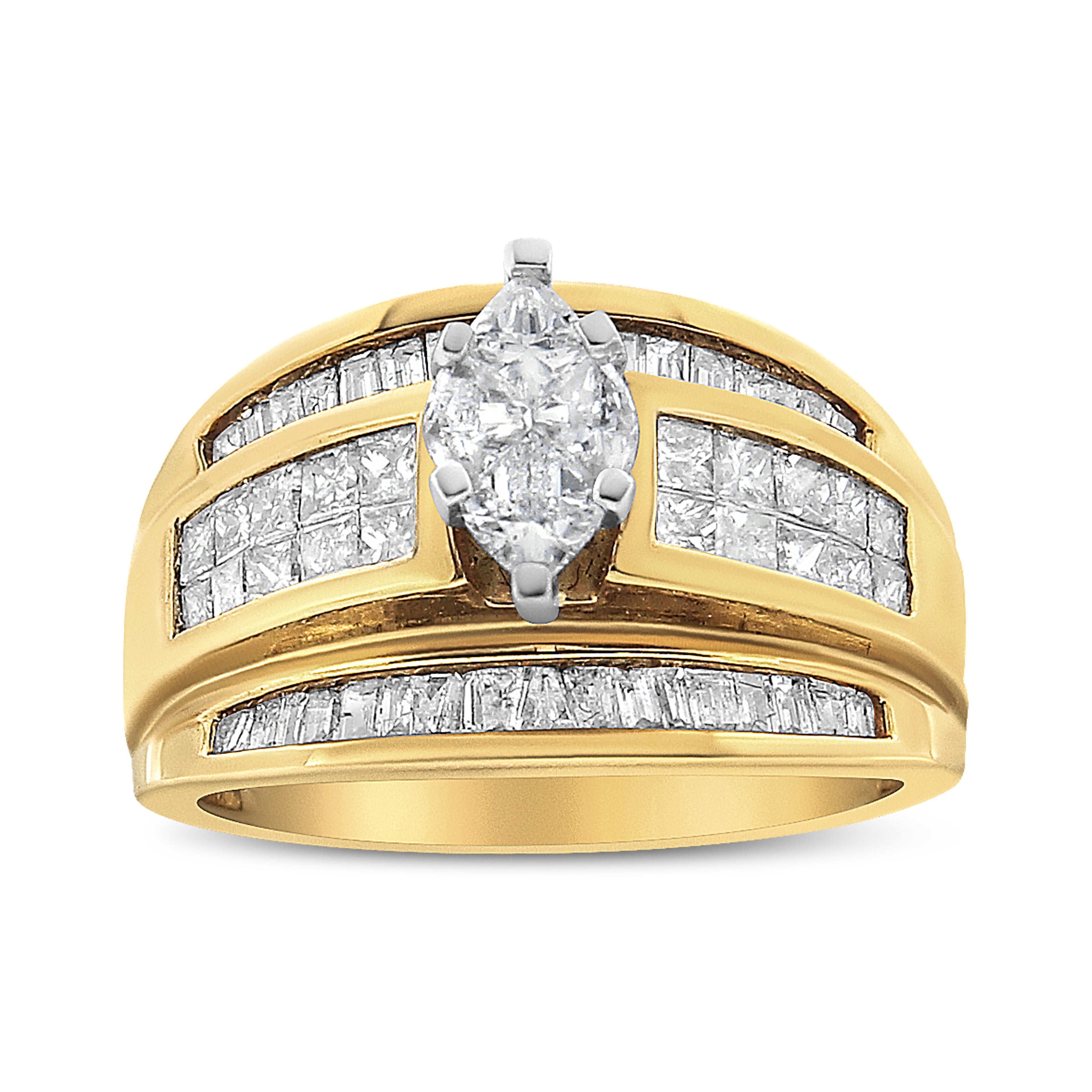 14K Yellow Gold 1 1/2 Cttw Pie, Princess and Baguette-cut Diamond Marquise Shaped Engagement Cocktail Ring Band (H-I Color, I1-I2 Clarity) - Ring Size 7  DestGlow