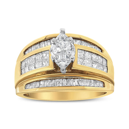 14K Yellow Gold 1 1/2 Cttw Pie, Princess and Baguette-cut Diamond Marquise Shaped Engagement Cocktail Ring Band (H-I Color, I1-I2 Clarity) - Ring Size 7  DestGlow