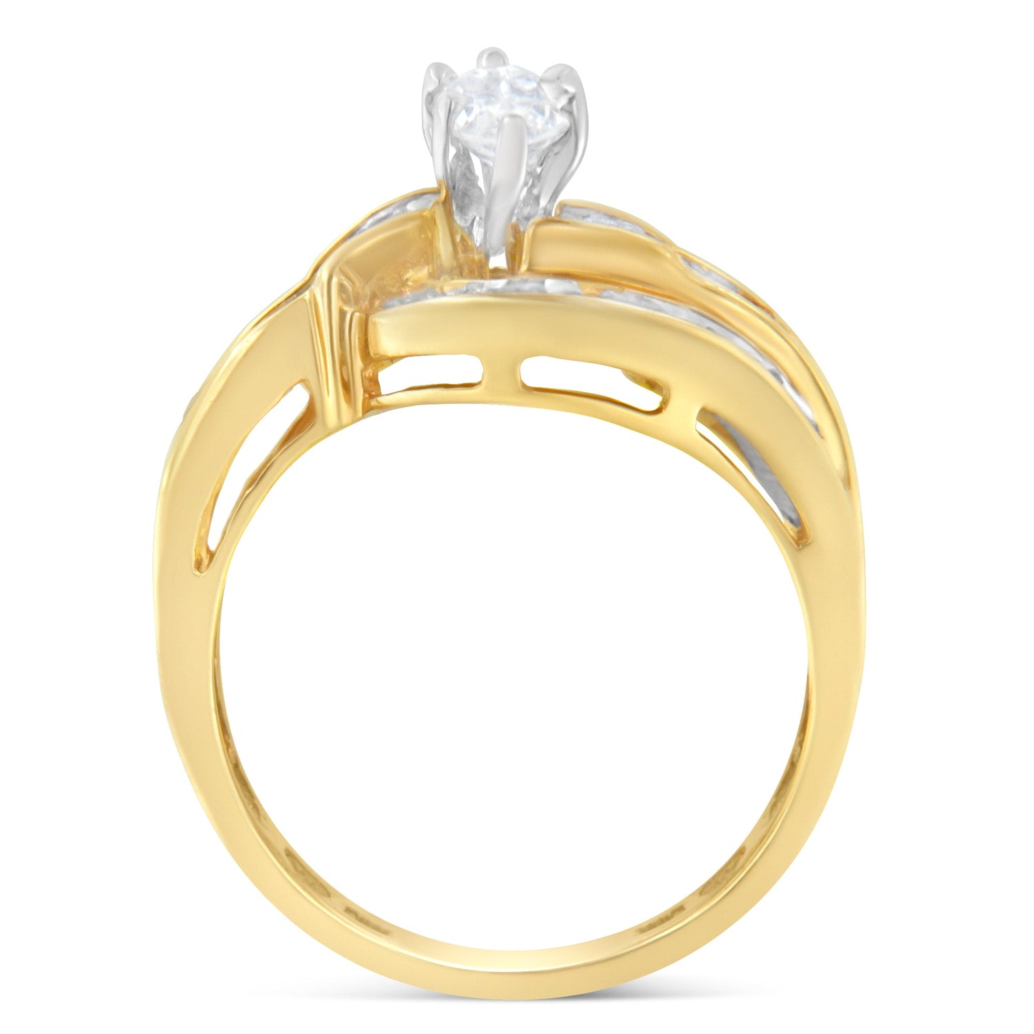 14KT Two-Toned Gold Marquise, Baguette and Round Cut Diamond Bypass Ring (1 cttw, H-I Color, SI1-SI2 Clarity) (Size 7) by Bids.com