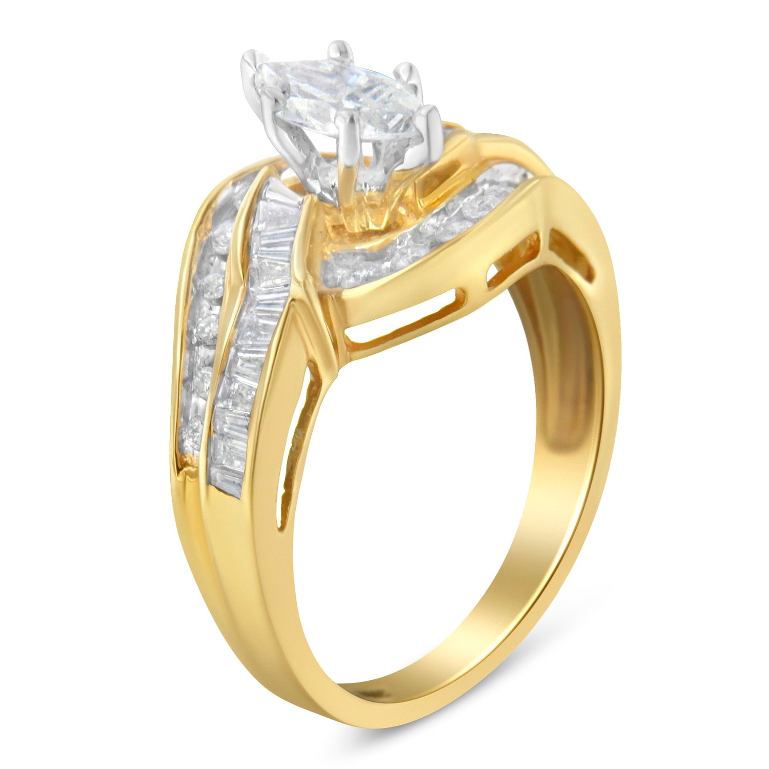 14KT Two-Toned Gold Marquise, Baguette and Round Cut Diamond Bypass Ring (1 cttw, H-I Color, SI1-SI2 Clarity) (Size 7) by Bids.com