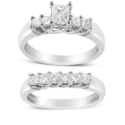 14K White Gold 1 1/2 Cttw 5 Stone Princess Diamond Engagement Wedding Ring Set (H-I Color, SI2-I1 Clarity) - Ring Size 7 by Bids.com