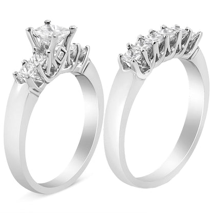 14K White Gold 1 1/2 Cttw 5 Stone Princess Diamond Engagement Wedding Ring Set (H-I Color, SI2-I1 Clarity) - Ring Size 7 by Bids.com