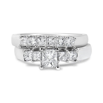 14K White Gold 1 1/2 Cttw 5 Stone Princess Diamond Engagement Wedding Ring Set (H-I Color, SI2-I1 Clarity) - Ring Size 7 by Bids.com