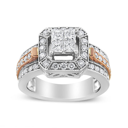 14K White and Rose Gold 1 1/8 Cttw Princess and Round-Cut Diamond Art Deco Style Triple Shank Halo Cocktail Ring (I-J Color, SI2-I1 Clarity) - Size 7 by Bids.com