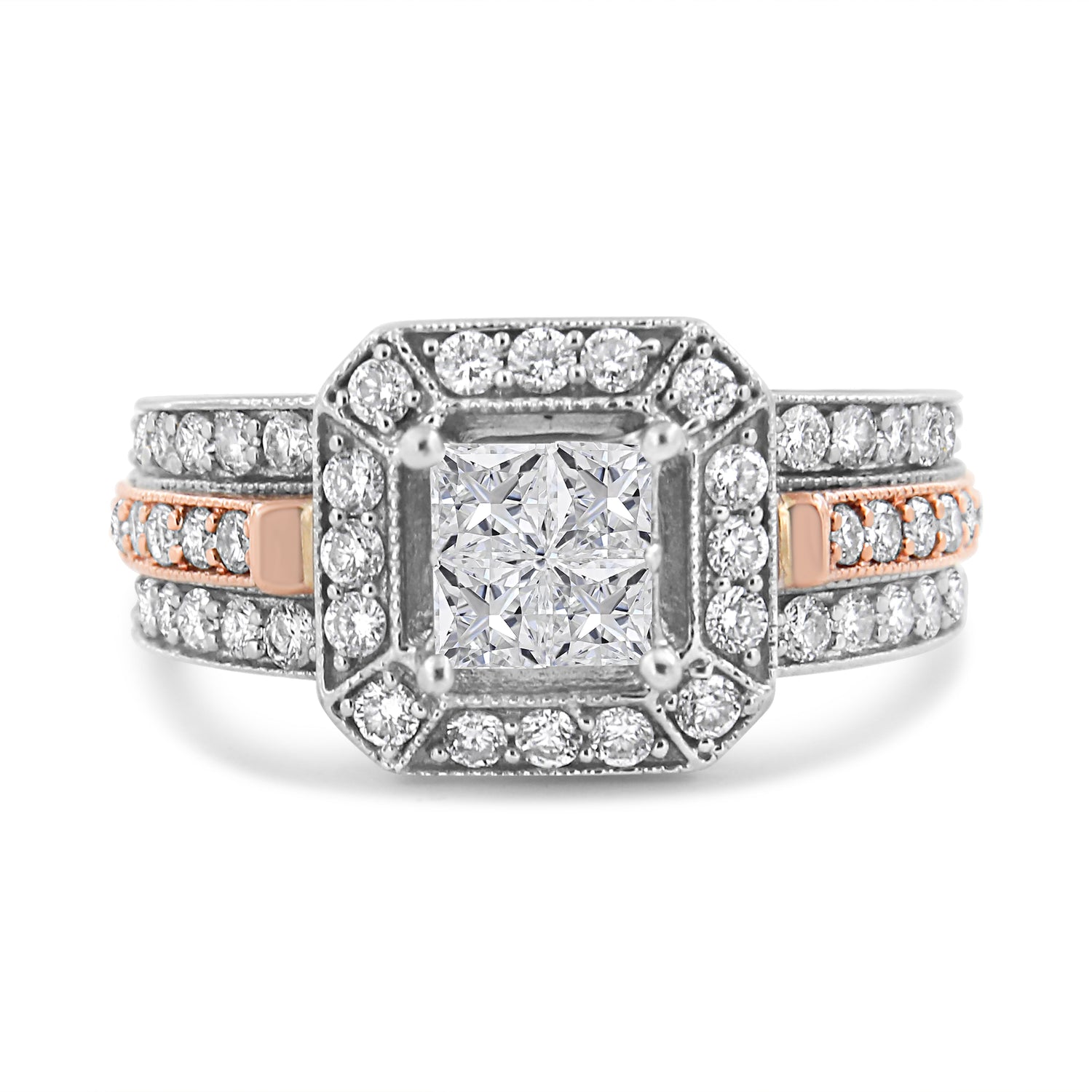 14K White and Rose Gold 1 1/8 Cttw Princess and Round-Cut Diamond Art Deco Style Triple Shank Halo Cocktail Ring (I-J Color, SI2-I1 Clarity) - Size 7 by Bids.com