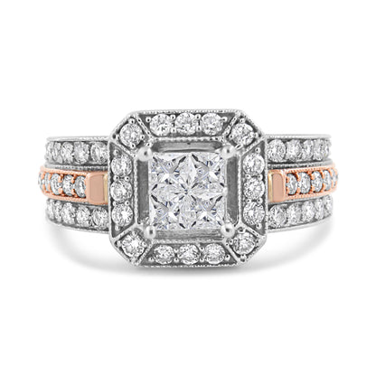 14K White and Rose Gold 1 1/8 Cttw Princess and Round-Cut Diamond Art Deco Style Triple Shank Halo Cocktail Ring (I-J Color, SI2-I1 Clarity) - Size 7 by Bids.com