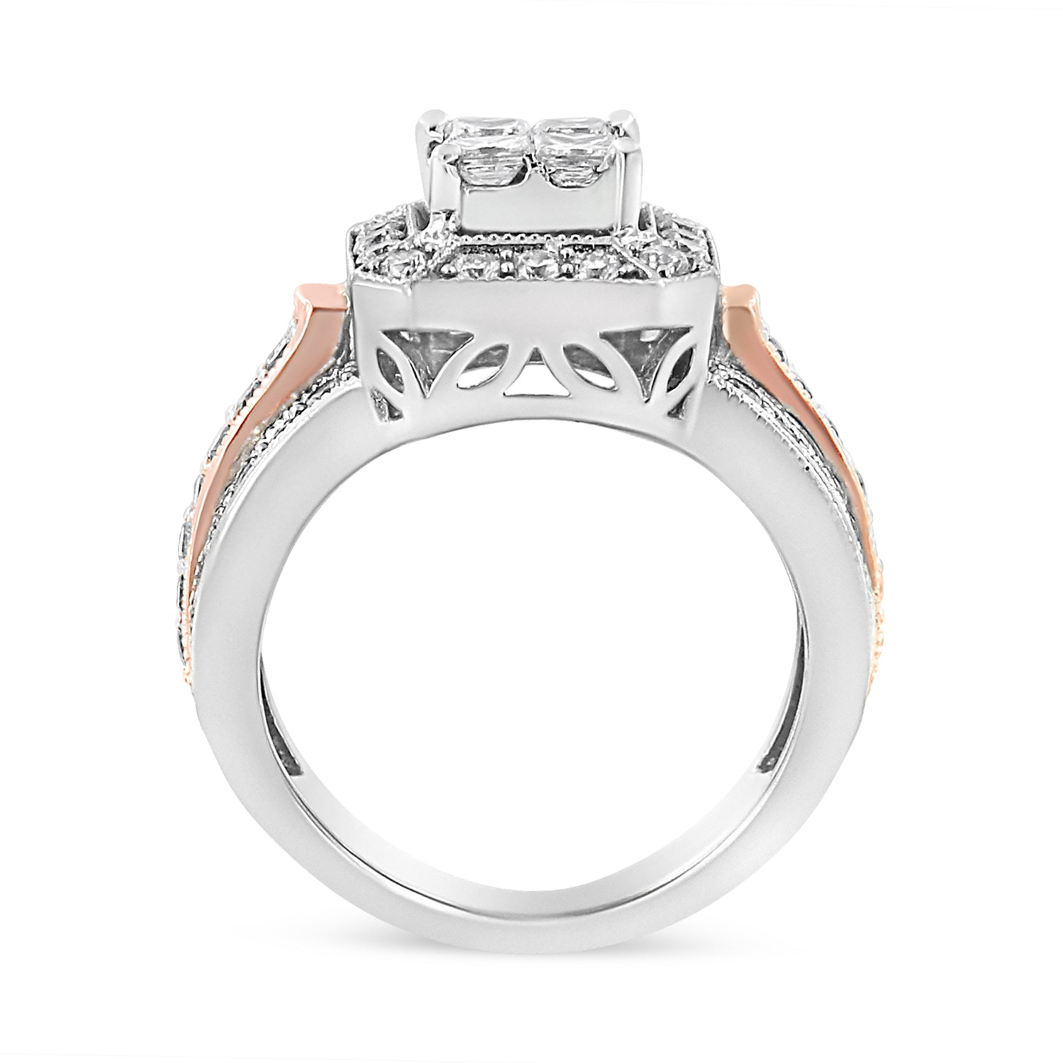 14K White and Rose Gold 1 1/8 Cttw Princess and Round-Cut Diamond Art Deco Style Triple Shank Halo Cocktail Ring (I-J Color, SI2-I1 Clarity) - Size 7 by Bids.com
