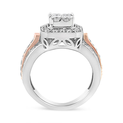 14K White and Rose Gold 1 1/8 Cttw Princess and Round-Cut Diamond Art Deco Style Triple Shank Halo Cocktail Ring (I-J Color, SI2-I1 Clarity) - Size 7 by Bids.com