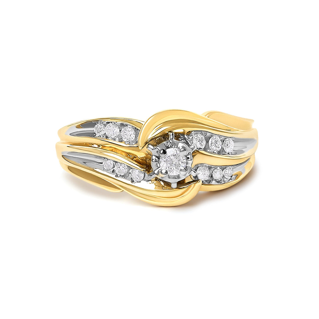 14K Yellow Gold 1/4 Cttw Round Diamond Wave Motif Bypass Ring  DestGlow