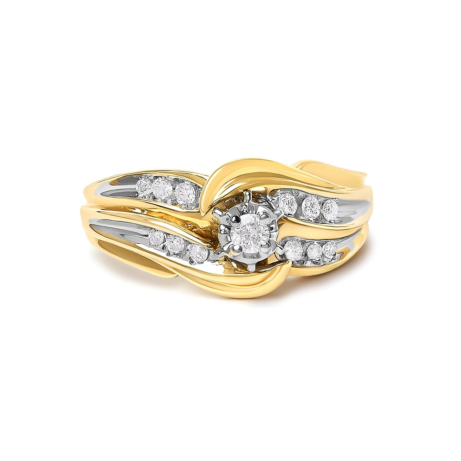 14K Yellow Gold 1/4 Cttw Round Diamond Wave Motif Bypass Ring  DestGlow