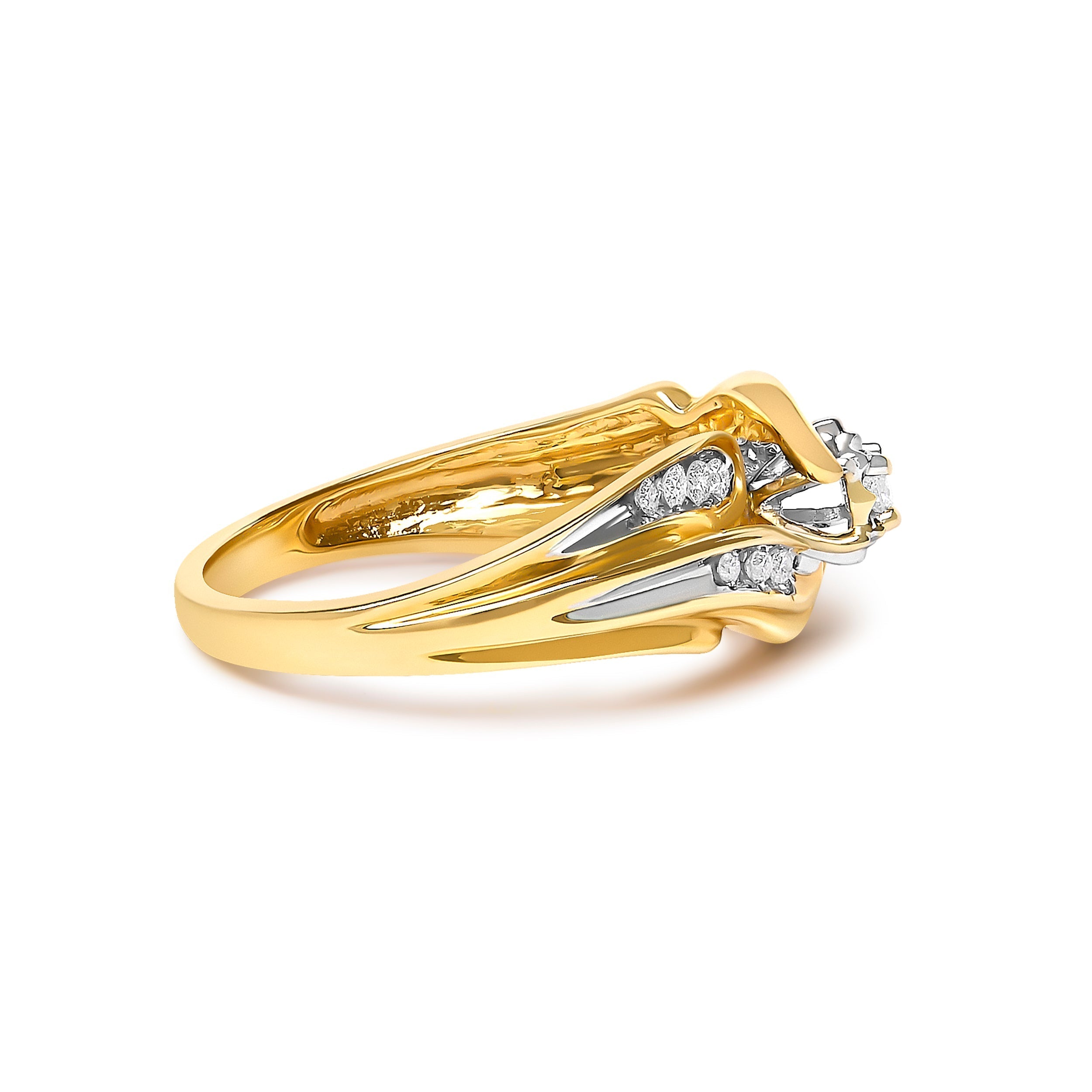 14K Yellow Gold 1/4 Cttw Round Diamond Wave Motif Bypass Ring  DestGlow