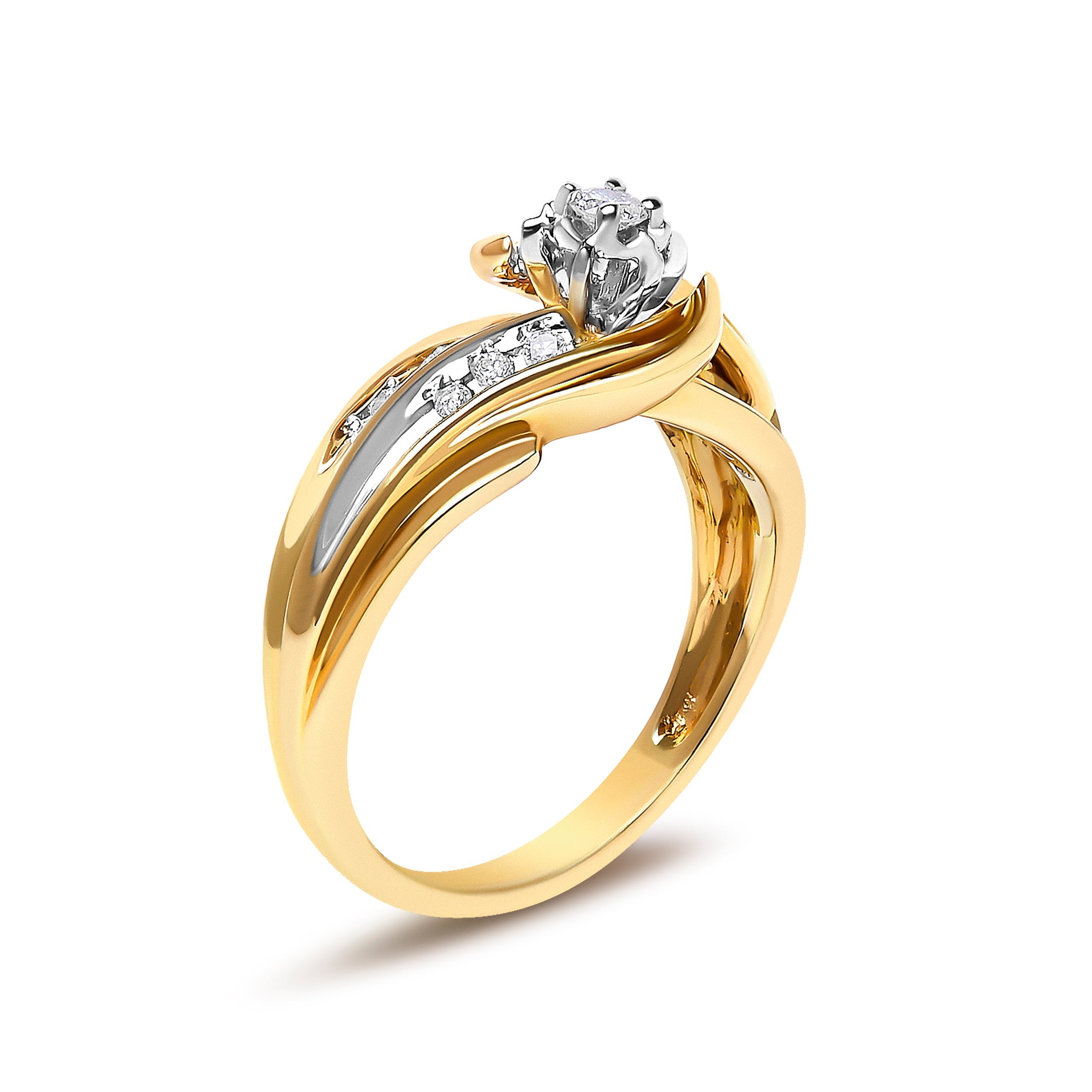 14K Yellow Gold 1/4 Cttw Round Diamond Wave Motif Bypass Ring  DestGlow