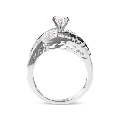 14K White Gold 1.00 Cttw Round and Baguette cut Diamond Swirl Cocktail Ring (H-I Color, SI2-I1 Clarity) - Ring Size 7  DestGlow