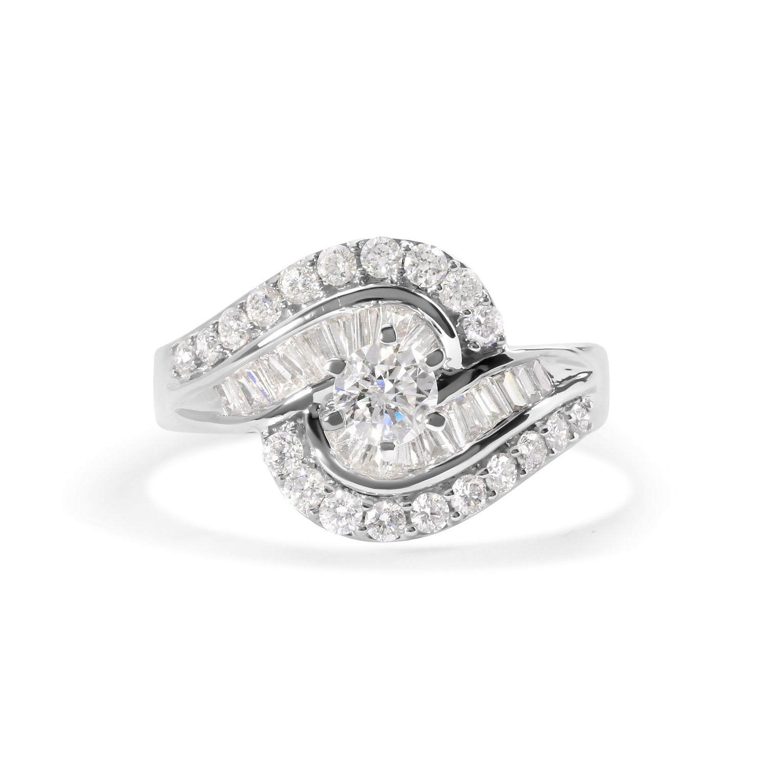 14K White Gold 1.00 Cttw Round and Baguette cut Diamond Swirl Cocktail Ring (H-I Color, SI2-I1 Clarity) - Ring Size 7  DestGlow
