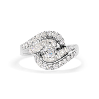 14K White Gold 1.00 Cttw Round and Baguette cut Diamond Swirl Cocktail Ring (H-I Color, SI2-I1 Clarity) - Ring Size 7  DestGlow