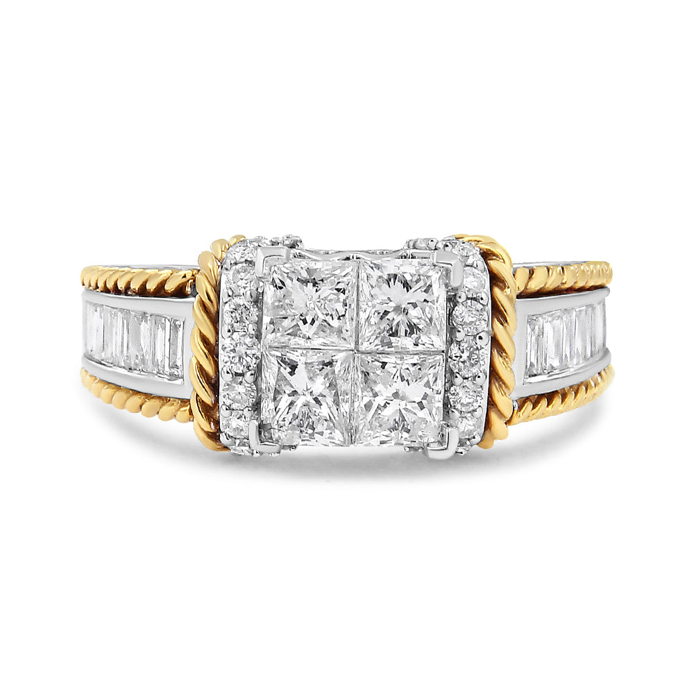 14K White and Yellow Gold 1 1/2 Cttw Invisible Set Princess-Cut Diamond Quad Style Engagement Ring (H-I Color, SI2-I1 Clarity) - Ring Size 7 by Bids.com