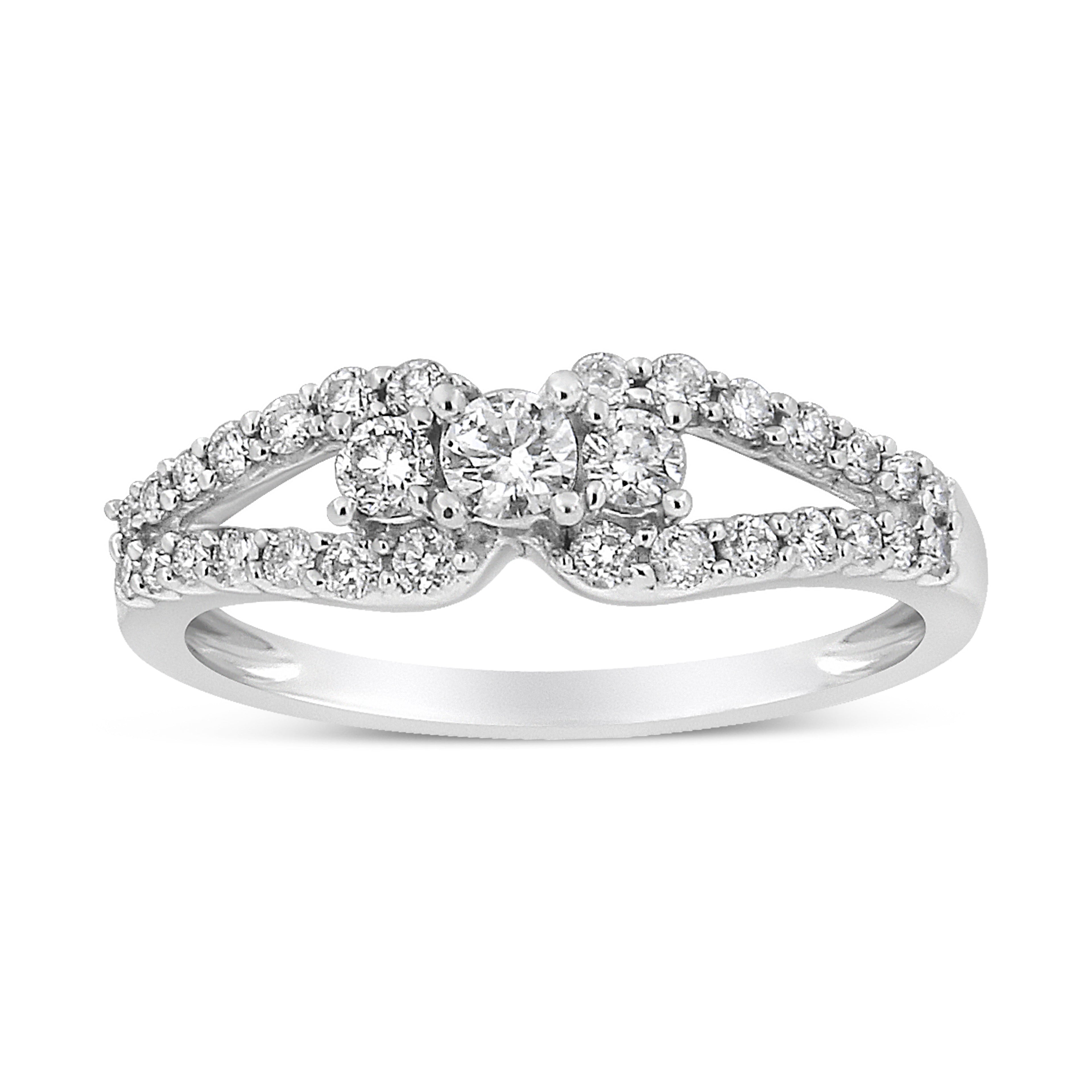 10K White Gold 1/2 Cttw Round Cut Diamond Three Stone Split Shank Band Ring (H-I Color, SI1-SI2 Clarity) - Size 6 by Bids.com